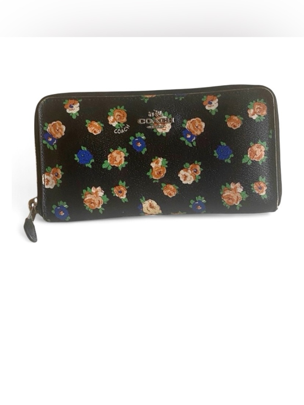 Coach Tea Rose Floral Zip Wallet Black Coral Pink Blue Accordion Zip Around
